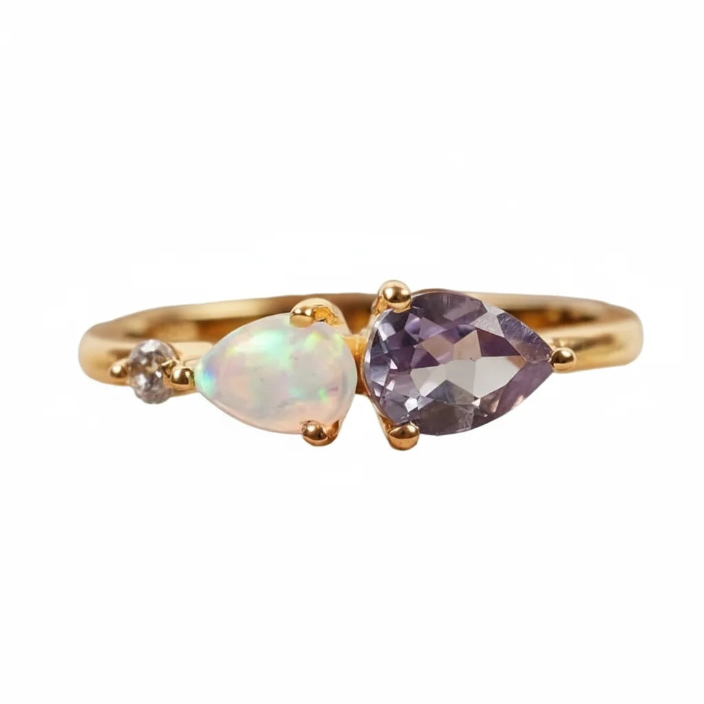 Bague duo de gouttes violet et blanc irisé